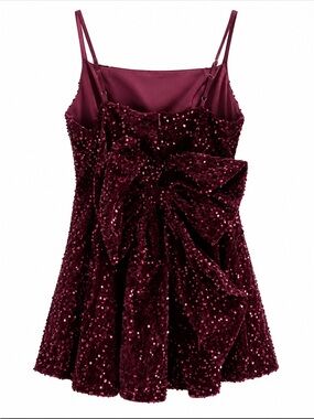Girls' Burgundy Sequin Velvet Party Dress with Bow